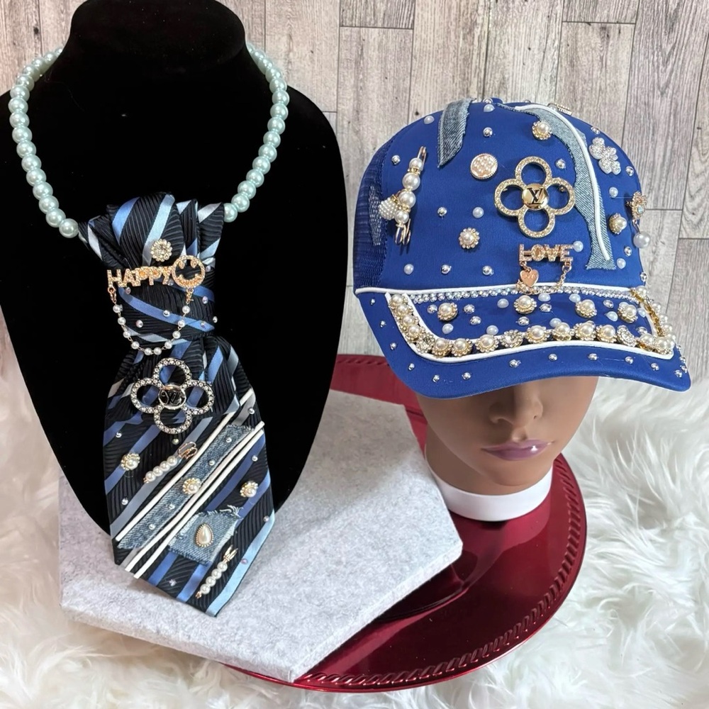 Embellished Blue Cap and Tie Set
